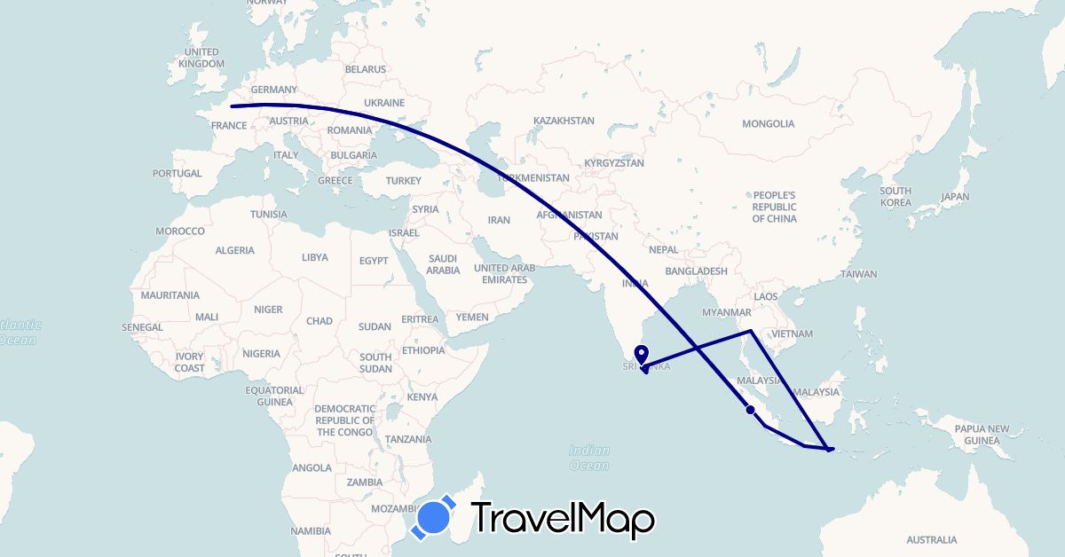 TravelMap itinerary: driving in France, Indonesia, Sri Lanka, Thailand (Asia, Europe)